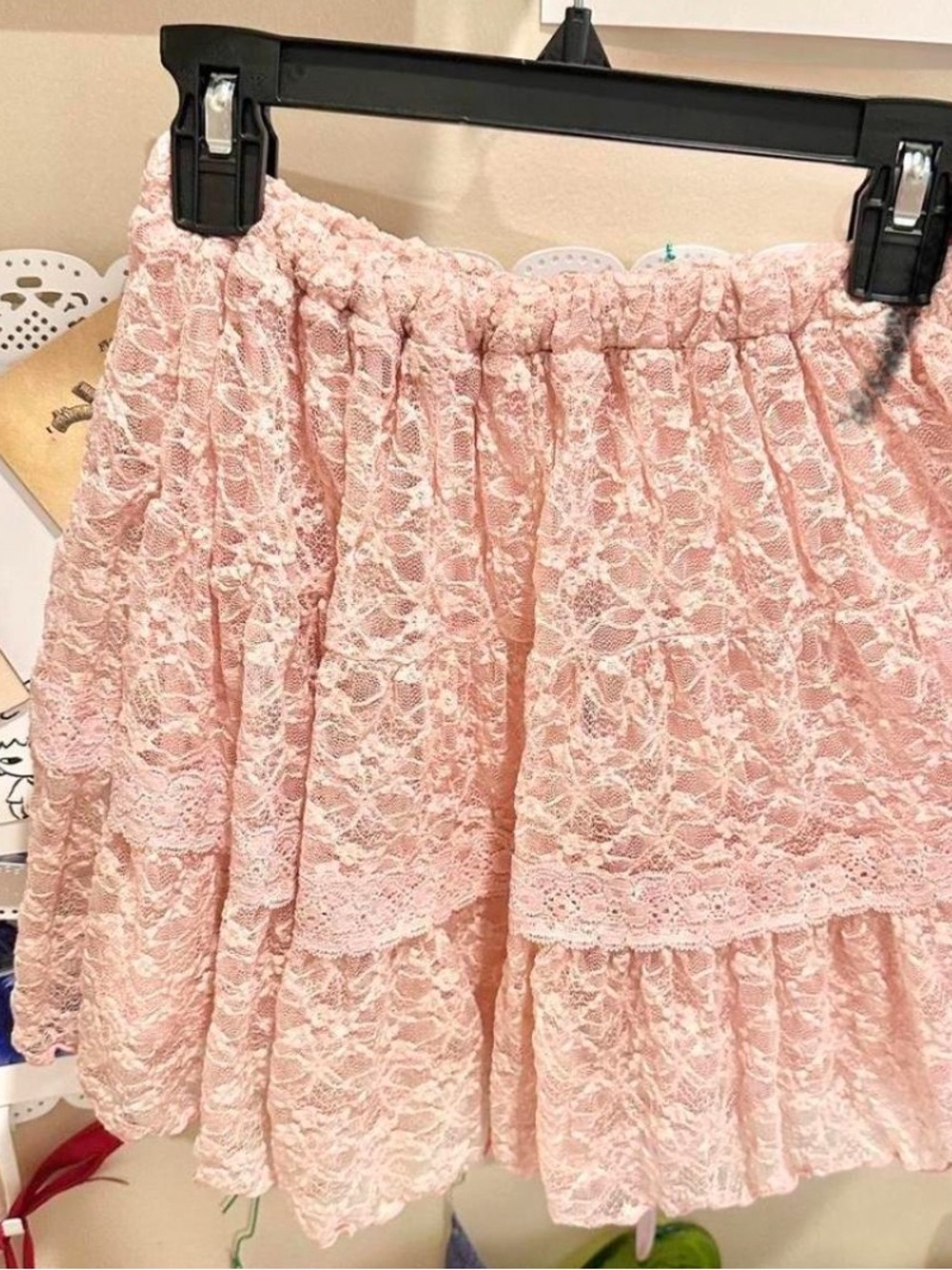 LIZ LISA Pale Pink Lace Tiered Skater Skirt